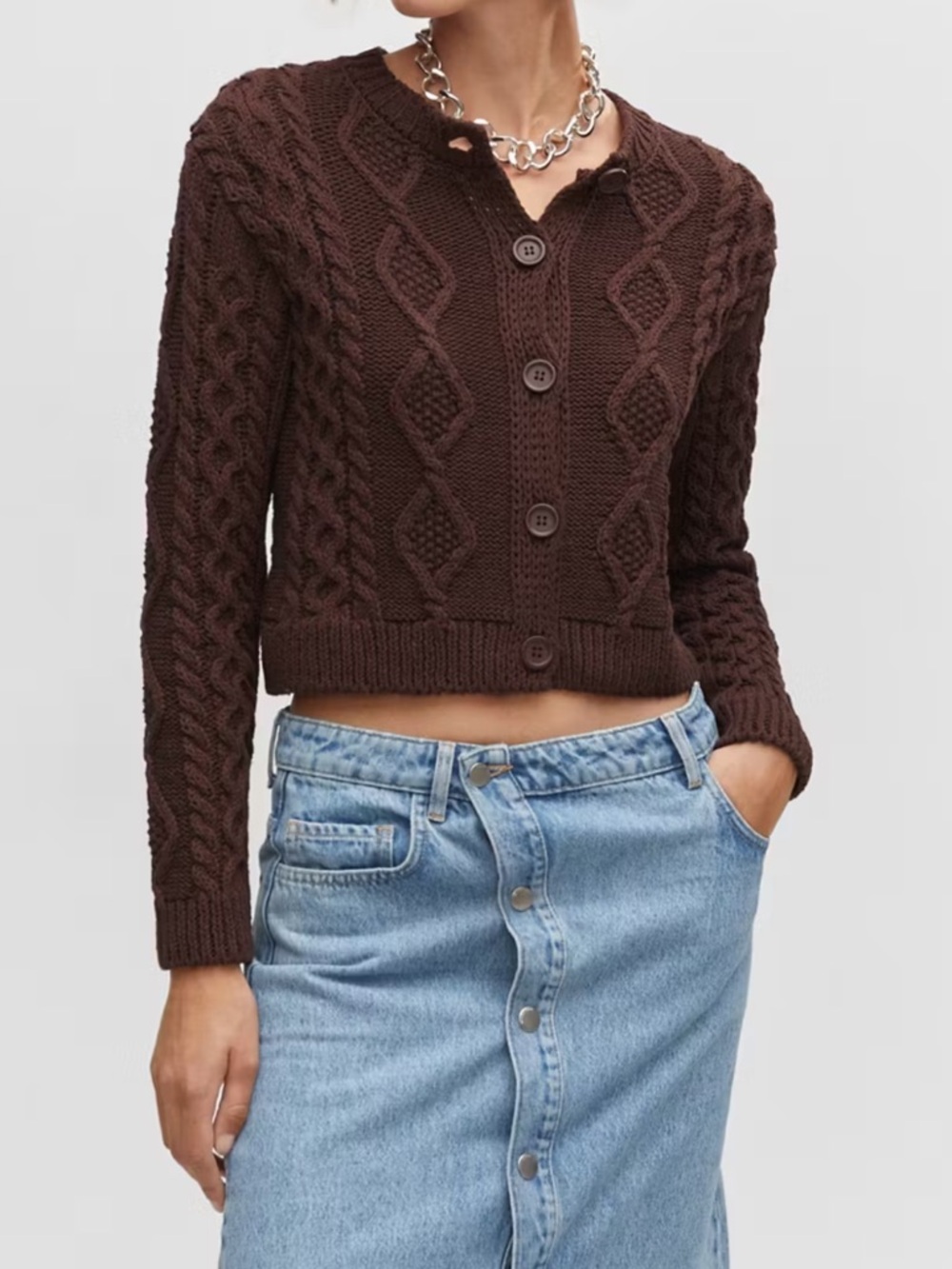 Mango Dark Brown Cable-Knit Cropped Cardigan